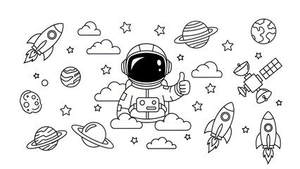 Astronaut in space with rockets planets stars and clouds in black and white © masyaa