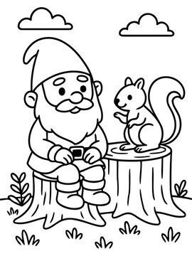 Friendship of Gnome and Squirrel: A delightful black and white illustration depicts a charming garden gnome seated amiably alongside a friendly squirrel atop a tree stump.