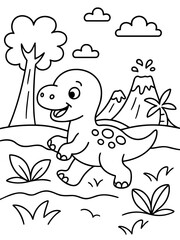 Fototapeta premium Dinosaur Adventure: A friendly, cartoon-like dinosaur embarks on an exciting adventure in a prehistoric landscape, offering a fun and imaginative illustration.