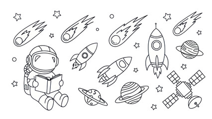 Astronaut reading book surrounded by spacecraft and celestial elements © gaola