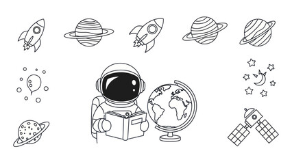Astronaut reading book with planets and space elements in vector illustration © gaola