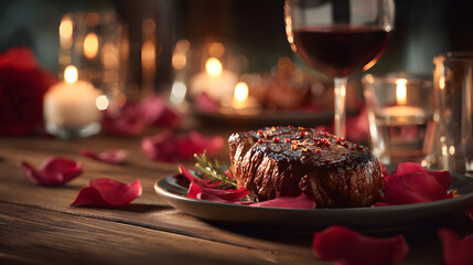 Romantic steak dinner with red wine, rose petals, and candlelight, perfect for Valentine's Day promotions, romantic restaurant menus, date night ads, wedding proposals, or fine dining marketing