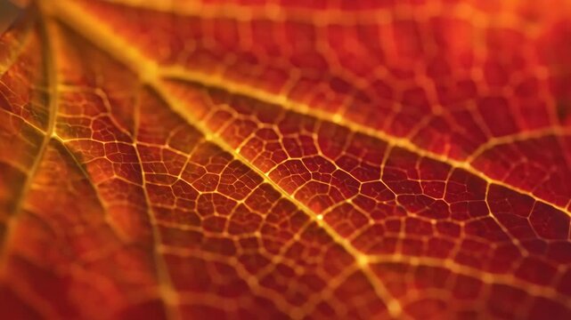 Close-up view of a vibrant red autumn leaf with intricate veins.