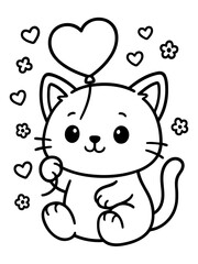 Fototapeta premium Cuteness Overload: A charming kitten, holding a heart-shaped balloon, is surrounded by hearts and flowers, creating an adorable and cheerful scene.