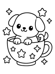 Fototapeta premium Puppy in a Teacup: A delightful illustration of a charming puppy nestled comfortably within an ornate teacup, surrounded by playful stars.