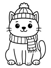 Obraz premium Cozy Winter Kitten: An adorable cartoon kitten, warmly clad in a knitted hat and scarf, embodies winter comfort and charm.