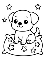 Fototapeta premium Cute puppy dream: A cute puppy is sitting on a pillow surrounded by stars in a dreamy state. Evoking a sense of comfort and serenity. 