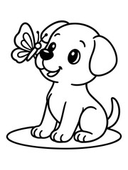 Fototapeta premium Puppy's Gentle Interaction: A cute puppy engages with a delicate butterfly, creating an illustration that captures the essence of gentle, innocent, and joyful interaction.
