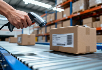 A close-up shot of a hand scanning a moving package on a conveyor belt within a busy distribution warehouse.