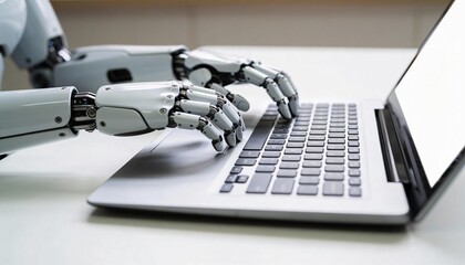 White robotic hands interact with a laptop keyboard, representing AI, automation, and future technology.
