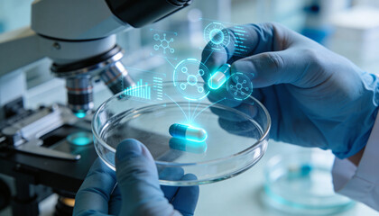 Scientist in blue gloves holds a petri dish with a capsule, holographic drug data overlays appear, modern lab research.