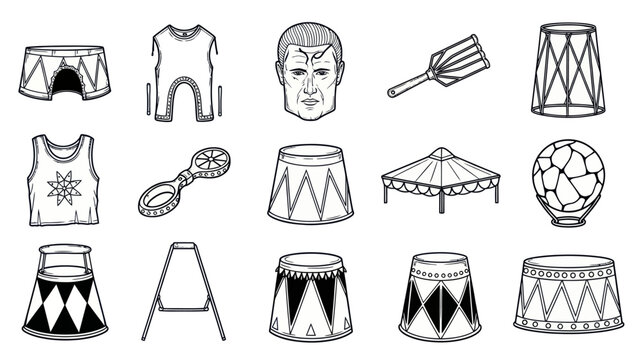 Circus elements set black and white vector illustrations isolated design