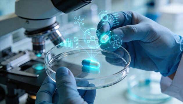 Scientist in blue gloves holds a petri dish with a capsule, holographic drug data overlays appear, modern lab research. - Powered by Adobe