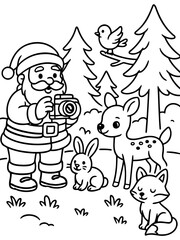 Obraz premium Santa Capturing Nature's Charm: A heartwarming illustration features a cheerful santa, using a camera in a winter wonderland, capturing the magic of wildlife moments.