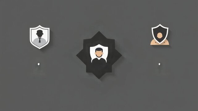 Abstract vector illustration symbolizing digital security, data privacy, and robust user protection, featuring a trio of minimalist shield icons with human profile silhouettes