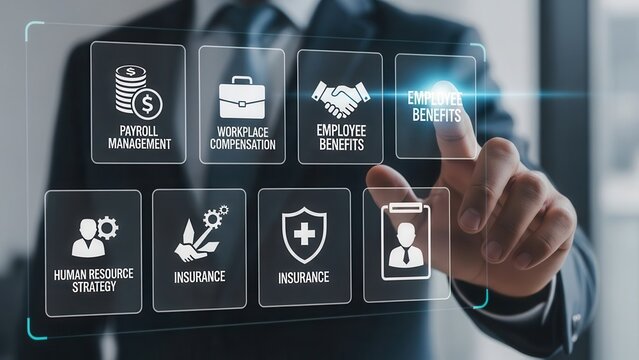 Closeup Businessman Hand selecting employee benefits icon on digital HR interface, representing payroll management, workplace compensation, insurance, and human resource strategy