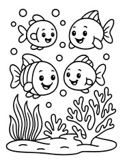 Fototapeta premium Underwater Wonderland: An illustration depicts a scene of four adorable fish swimming in an aquatic environment, accompanied by bubbles, seaweed, and coral, all in charming cartoon style.