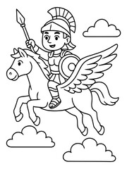 Naklejka premium Mythical Rider in the Sky: A brave warrior soars through the clouds on a winged horse. He is a symbol of courage and strength