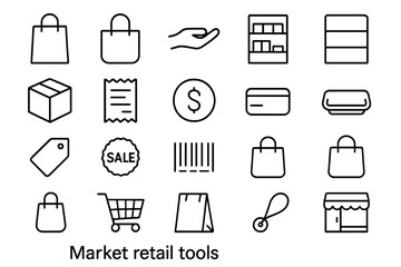 Fototapeta premium Market Retail Icons. Line style icons of Market Retail Tools: shopping bag, handle, hand hold, store shelf, product box, receipt,
