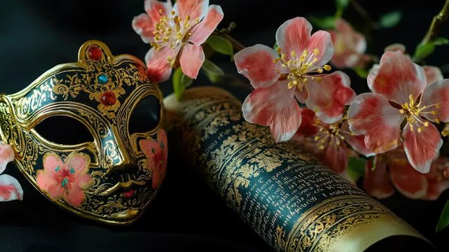Traditional Japanese geisha or noh mask, with intricate designs and a flower motif. Set against the backdrop of pink flowering trees.