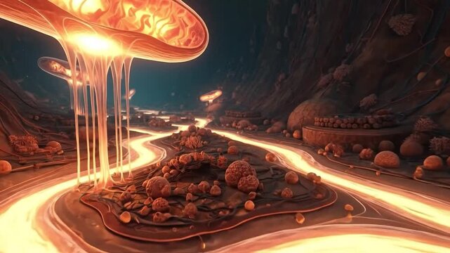 Futuristic biological ecosystem with glowing organic forms resembling mitochondria, illuminating intricate energy flow channels within a cellular world.