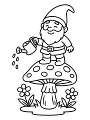 Whimsical Gardener Gnome: A cheerful garden gnome waters his garden, bringing life and color. This charming illustration captures a delightful fantasy scene.