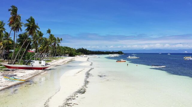 Scenic view of a white sand beach lined with palm trees and boats on clear blue water in Panglao, Philippines. Bright sunny day with calm sea and vibrant tropical atmosphere.