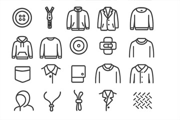 Outerwear Icons Collection. Line style icons of outerwear details: Button, Zip, Jacket, Coat, Hoodie, Sweater, Snap, Clasp, Pocket