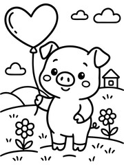 Piglet's Valentine: A charming illustration depicts a sweet piglet happily holding a heart-shaped balloon, symbolizing love and affection in a whimsical scene.