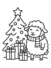 Obraz premium Christmas Sheep: A festive sheep stands beside a decorated Christmas tree and gifts, perfect for holiday greetings and celebrations.