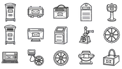 Fototapeta premium Collection of hand drawn postal icons mailboxes package and delivery symbols