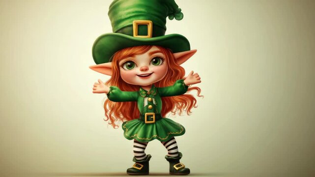 A green elf with a green hat and red hair. She is smiling. She is wearing a green dress
