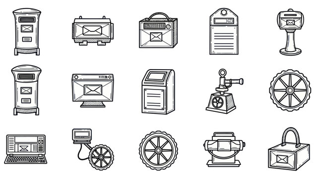 Collection of hand drawn postal icons mailboxes package and delivery symbols