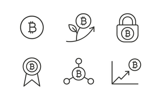 Crypto Yield Icons. Line vector icons of crypto yield generation: coin outline, growth arc, locked loop, reward band, staking node