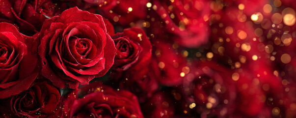 Vibrant red rose background with array of roses creating festive and romantic atmosphere with glowing golden bokeh lights