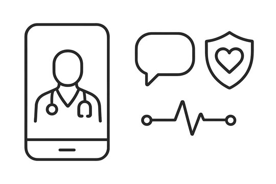 Remote Medical Icon Set. Line vector icons of remote medical advice: device frame, doctor icon, dialogue curve, health symbol,