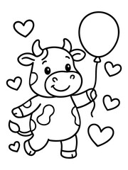 Fototapeta premium Whimsical Cow with Balloon: A cheerful cartoon cow joyfully holds a floating balloon, surrounded by loving hearts, evoking a feeling of lighthearted happiness.