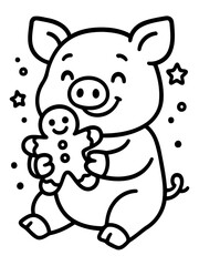 Whimsical Pig with Cookie: A charming illustration depicts a delightful pig clutching a gingerbread man cookie, its cheerful expression radiating joy.