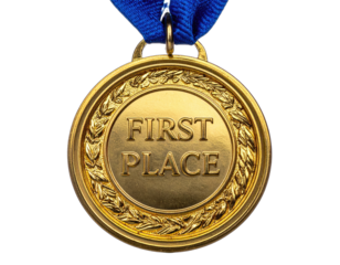 Golden medal with "First Place" text on blue ribbon, representing achievement