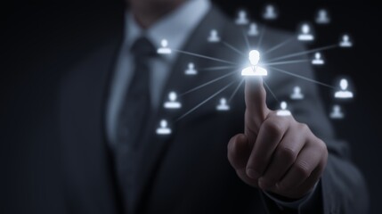 Business Professional Engaging in Digital Networking with Interactive User Connections Represented by Silhouettes