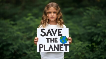 Serious Young Girl Holding save the Planet Sign Outdoors, Advocating for Environmental Protection
