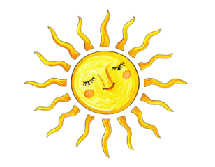 A cartoon sun with a smiling face, yellow rays, and a black background