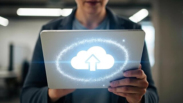 Businesswoman uploading data to cloud storage on a tablet in a contemporary workspace, showcasing digital connectivity and secure online services.