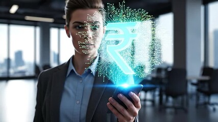 Young adult businesswoman using smartphone with digital Indian Rupee currency hologram and facial recognition technology in a modern office - Powered by Adobe