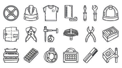 Fototapeta premium Collection of industrial tools and equipment line art illustrations