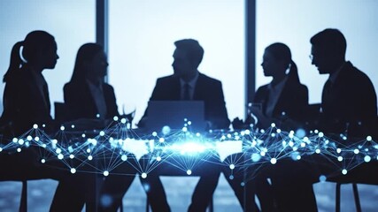 Silhouettes of diverse business professionals in a modern office meeting, connected by an abstract glowing blue network representing global communication and digital collaboration - Powered by Adobe