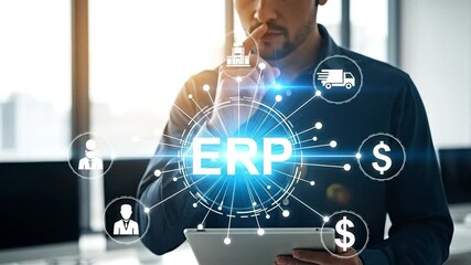 Businessman using tablet with Enterprise Resource Planning (ERP) system icons in a modern office - Powered by Adobe