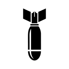 Black and white vector graphic of a stylized, classic falling bomb. Simple, monochrome silhouette design suitable for logo, icon, danger sign, or military themes