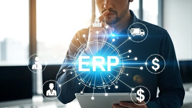 Businessman using tablet with Enterprise Resource Planning (ERP) system icons in a modern office