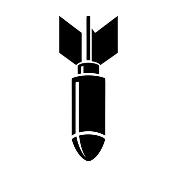 Black and white vector graphic of a stylized, classic falling bomb. Simple, monochrome silhouette design suitable for logo, icon, danger sign, or military themes